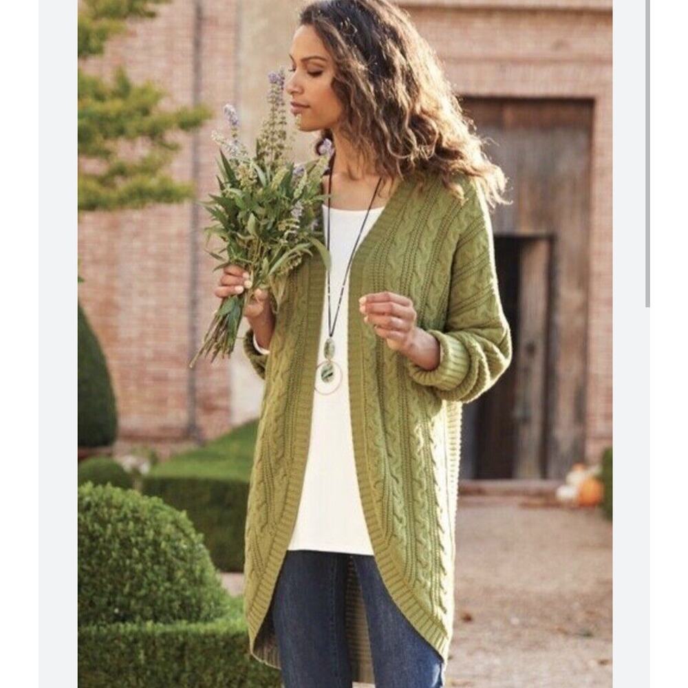 Soft Surroundings Green Long Knit Cardigan Open Front Duster Size S